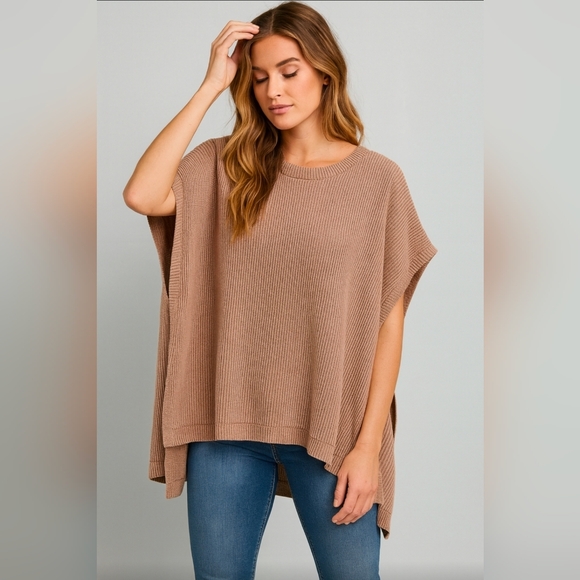 Three Bird Nest Sweaters - Three Bird Nest Taupe Crew Neck Sweater/Poncho, Womens Size Medium